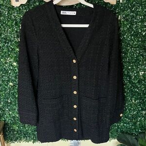 Zara Black Tweed Mini Dress with Gold Buttons